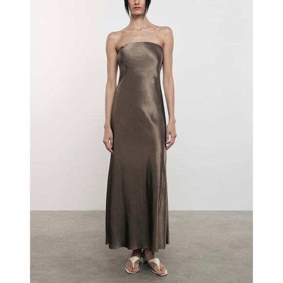 ENZA COSTA Strapless Satin Bias Dress Womens Medium Teal Aqua Blue Maxi Pull On - Picture 3 of 13